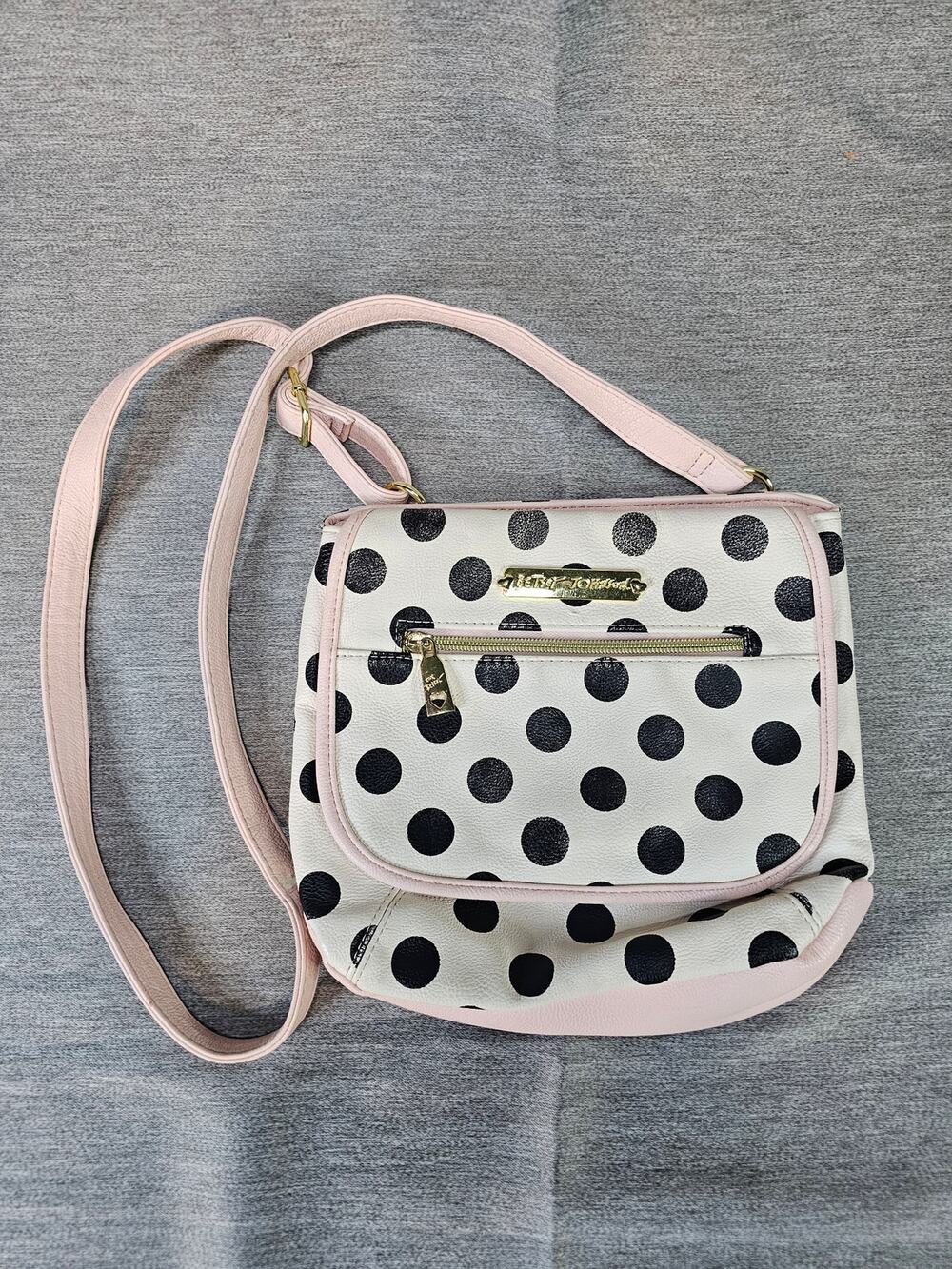 Betsey Johnson Black/White Polka Dot Purse Adjustable Strap Pink